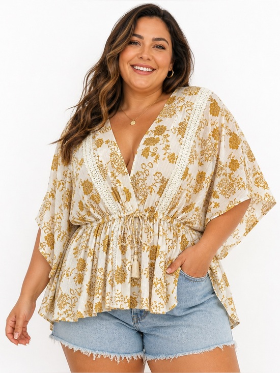 Chico's Tops - Chico’s Boho Floral Kimono Top Cream Gold Lace Trim Tie Waist Flowy Blouse Sz 2